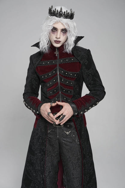 Black/Red Diamante Stand Collar Long Sleeves Printed Zippered Men's Gothic Long Coat