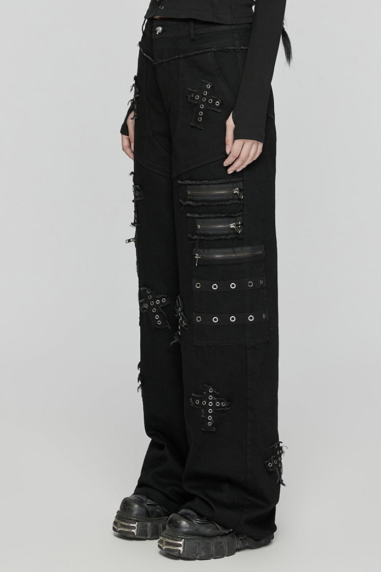 Black Women's Punk Cross Patch Big-pocket Denim Pants