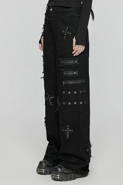 Black Women's Punk Cross Patch Big-pocket Denim Pants
