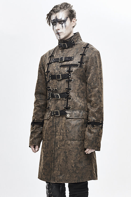 Brown Steampunk Patch Mens Long Leather Coat