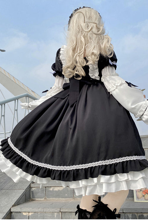 Black/White Ruffled Long Sleeves Detachable Trumpet Sleeves High Waisted Sweet Lolita OP Dress
