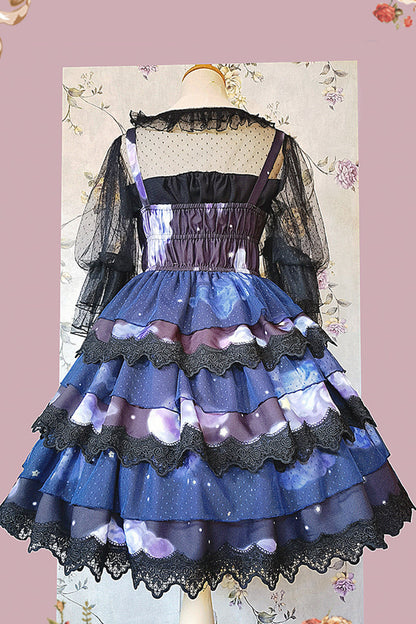 Blue Triple-Layered Clouds Print Ruffle Stitching Lace Sweet Lolita Dress