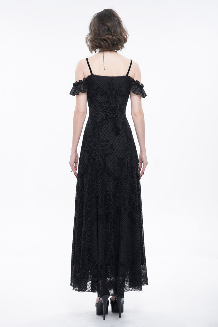 Black Velvet Lace Off Shoulder Ruffled Double Layer Slit Women's Gothic Dresses
