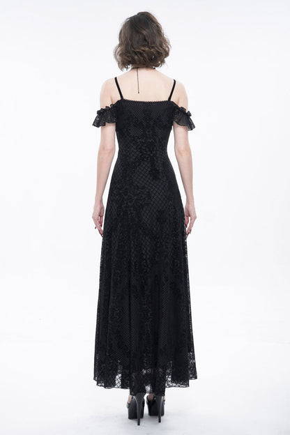 Black Velvet Lace Off Shoulder Ruffled Double Layer Slit Women's Gothic Dresses