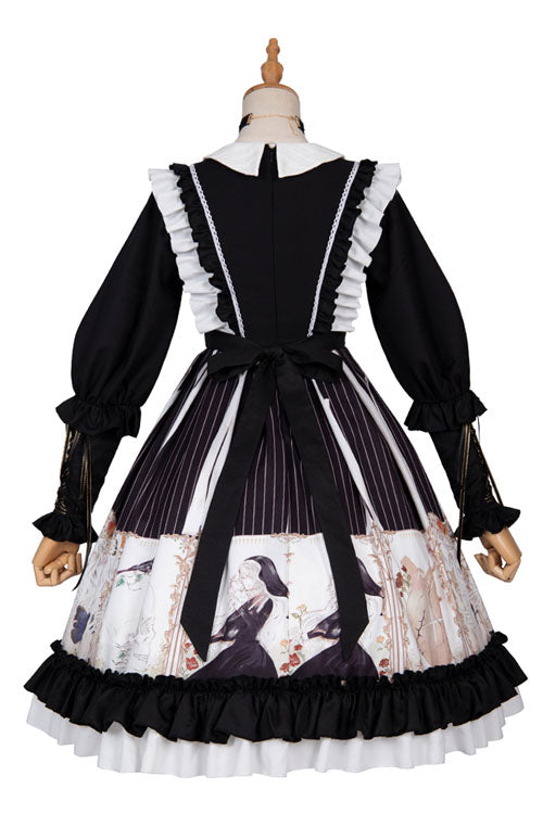 Black/White Dark Gold Hymn Bowknot Square Collar Long Sleeves Cardigan Ruffled Gothic Lolita OP Dress