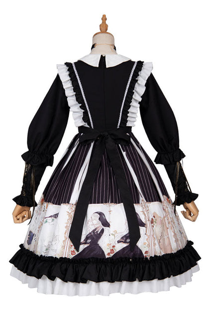 Black/White Dark Gold Hymn Bowknot Square Collar Long Sleeves Cardigan Ruffled Gothic Lolita OP Dress