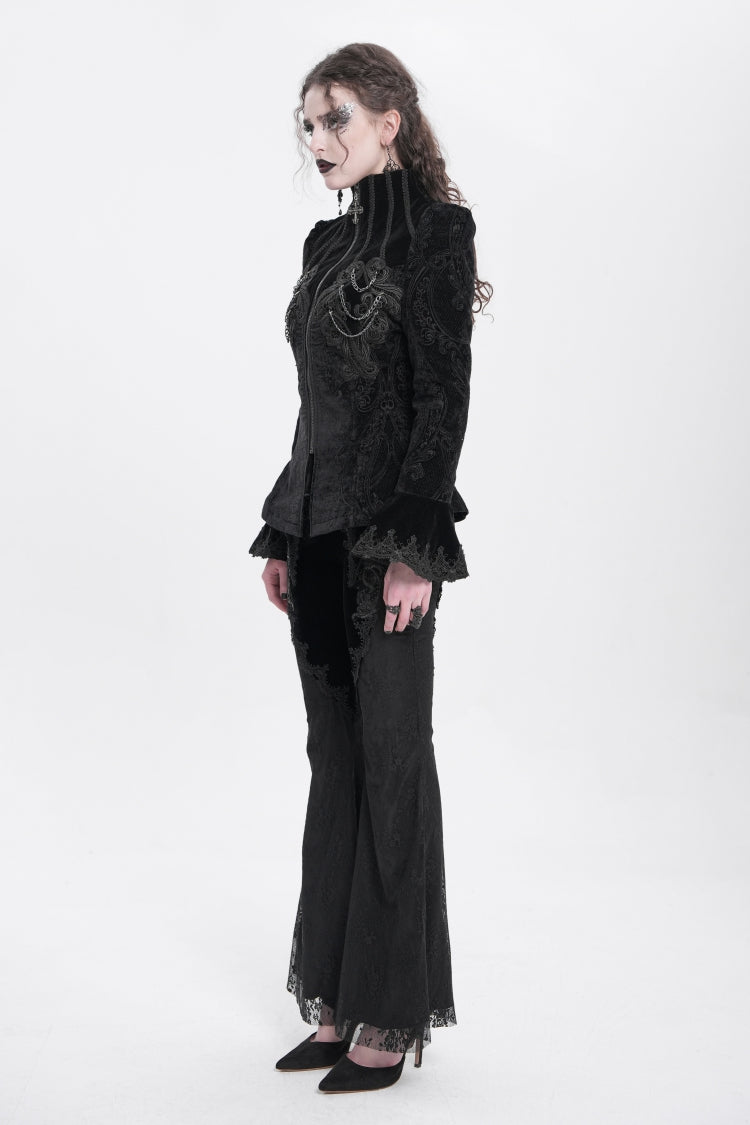 Black Stand Collar Long Trumpet Sleeves Embroidery Women's Gothic Jacket
