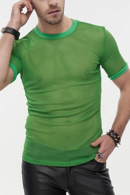 Green Gothic Crew Neck Diamond-Shaped Net Hyperelastic Short Sleeve Men's T-Shirt