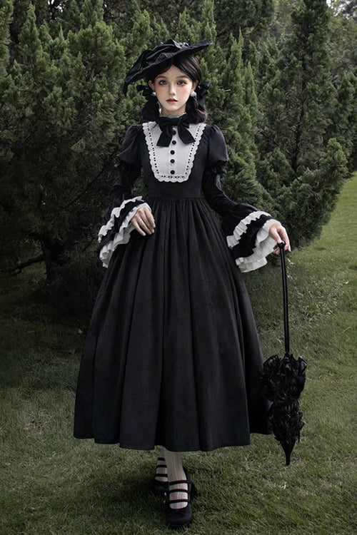 Black [Sleepless Night] Long Hime Sleeves Ruffle Bowknot Gothic Lolita Dress