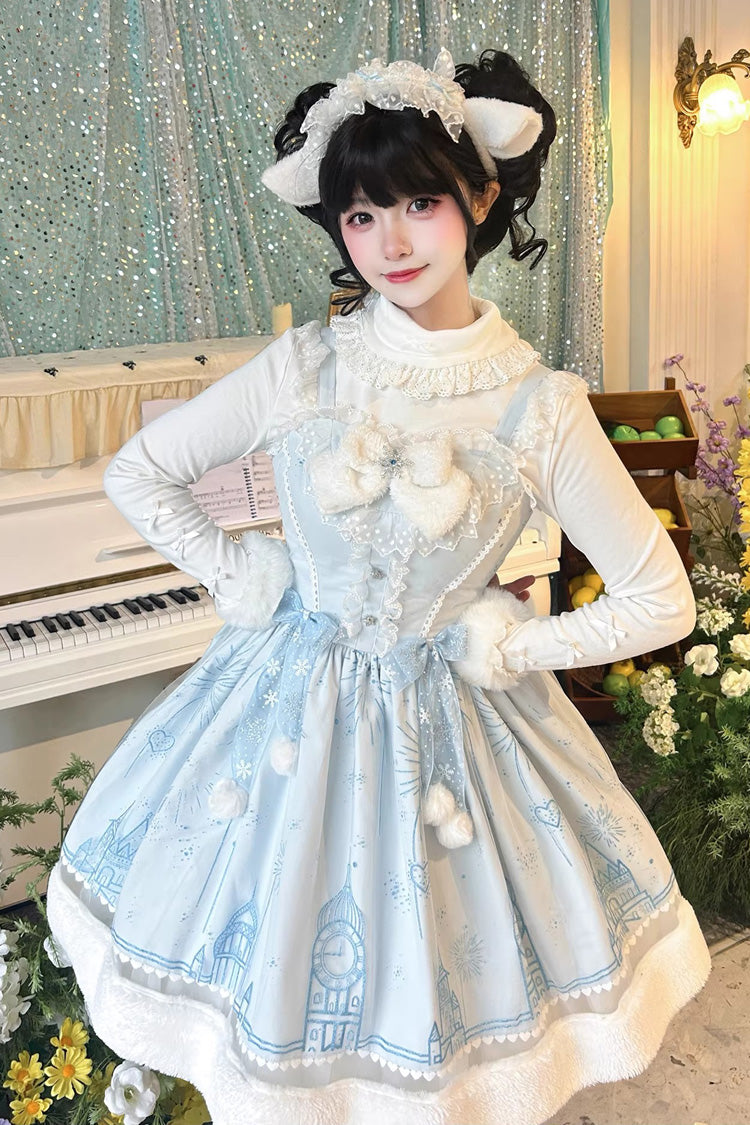 Blue [Snow Castle] Sleeveless Printed Embroidered Bow Lace Sweet Lolita Jsk Dress