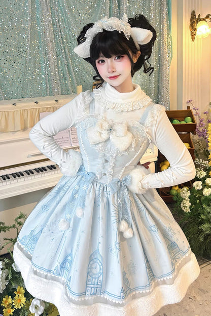 Blue [Snow Castle] Sleeveless Printed Embroidered Bow Lace Sweet Lolita Jsk Dress