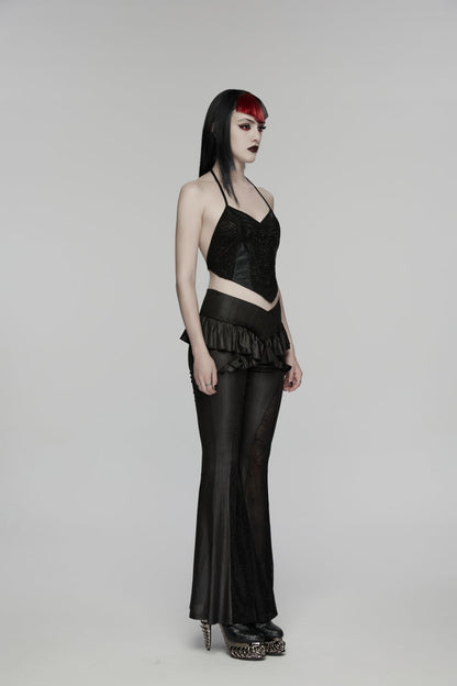 Black Ruffled Women's GothicRuffled Cobweb Pattern Flared Pants