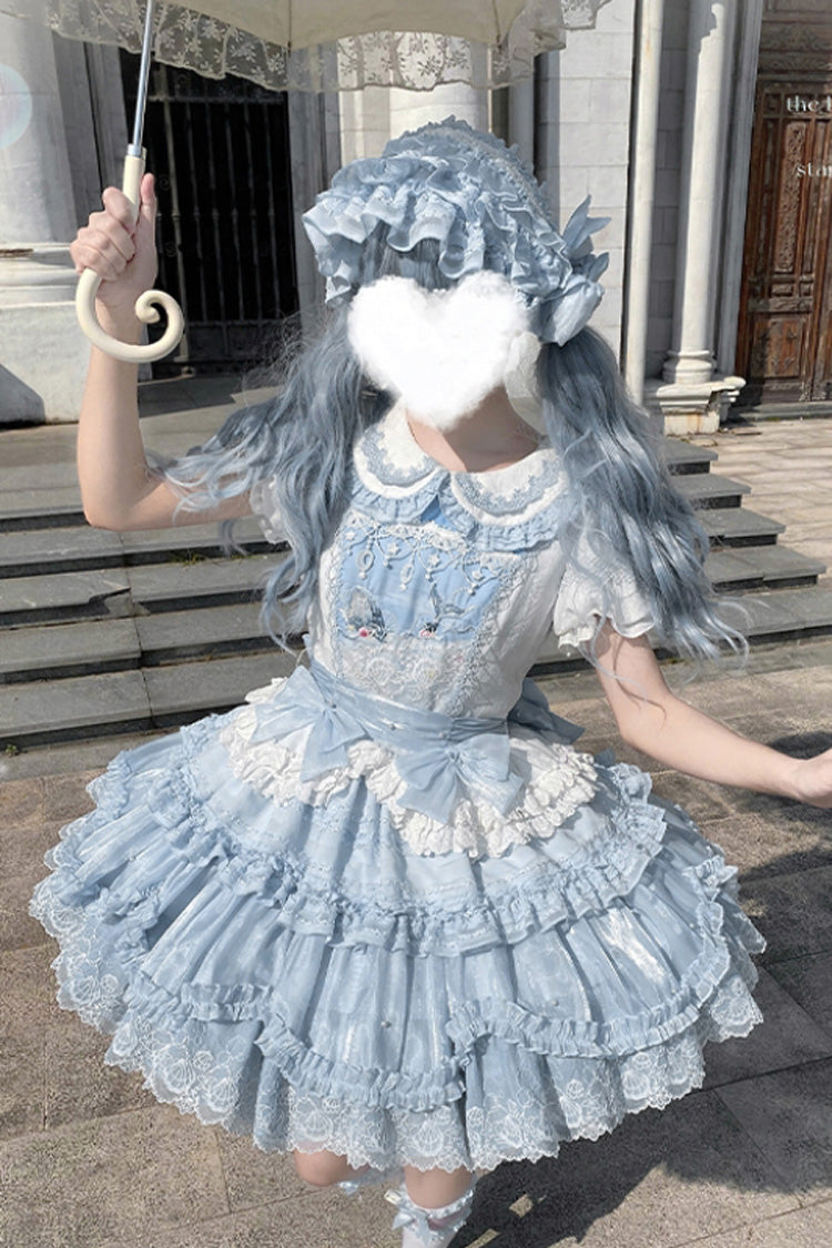 Blue [Whale] Lapel Collar Short Sleeves Triple-Layered Ruffle Embroidery Sweet Lolita Dress