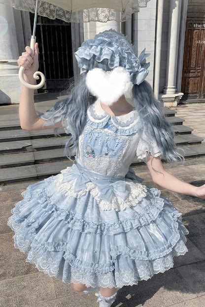 Blue [Whale] Lapel Collar Short Sleeves Triple-Layered Ruffle Embroidery Sweet Lolita Dress