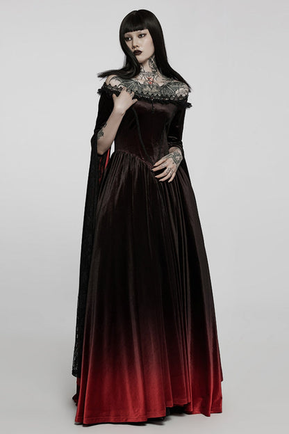 Black/Red Off Shoulder Long Trumpet Sleeves Gradient Lace Women's Gothic Dress