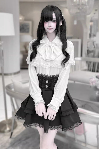 [Dark Moon Shadow] Long Sleeves Double-Layered Ruffled Embroidered Bow Lace-Up Gothic Jirai Kei Lolita Top + Skirt Set