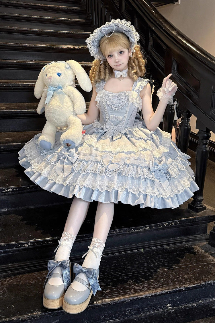 Blue [Super Cute Belia] Sleeveless Triple-Layered Ruffle Bowknot Lace Sweet Elegant Lolita Jsk Dress
