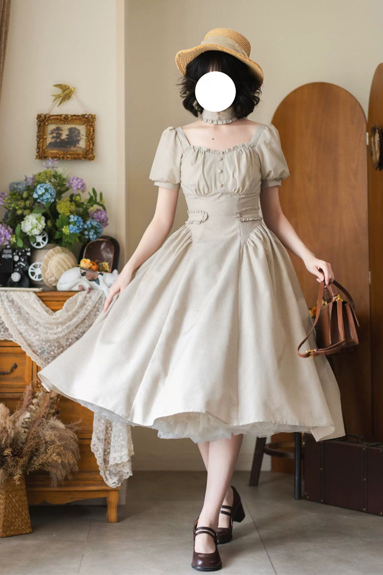 Light Khaki [Chantilly Forest] Square Collar Short Sleeves Striped Printed Ruffled Classic Vintage Elegant Lolita Dress