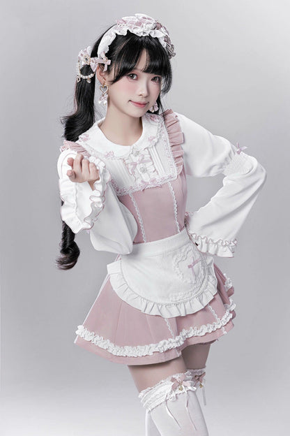 Pink/White [Showcase Doll] Japanese Maid-Style Long Sleeves Ruffle Bowknot Jirai Kei Japanese Dress Shorts Set with Detachable Apron