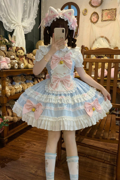 Blue [Meowling Sweet Maid] Sleeveless Multi-Layered Ruffle Bowknot Lace Sweet Princess Lolita Jsk Dress