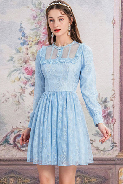 Blue Vintage Lace Round Collar Long Sleeves Sweet Lolita OP Dress