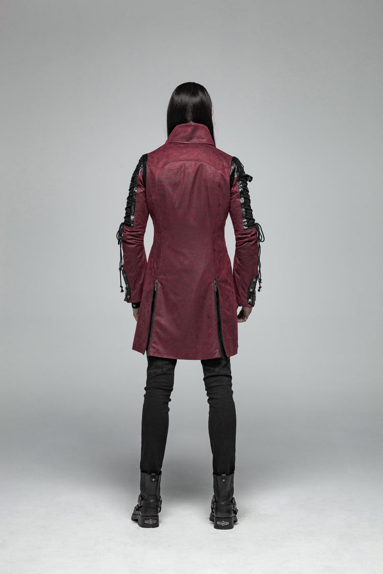 Red Metal Buckle Decoration Zipper Mens Steampunk Windbreaker Coat