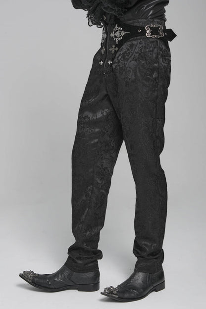 Black Printed Lace-Up Buckled Zippered Men's Gothic Pants