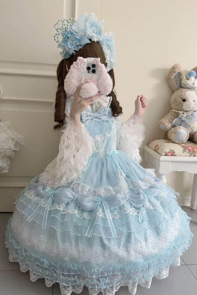 Blue [Sugar Heart Knot] Multi-Layered Ruffled Bow Lace Sweet Lolita Jsk Dress