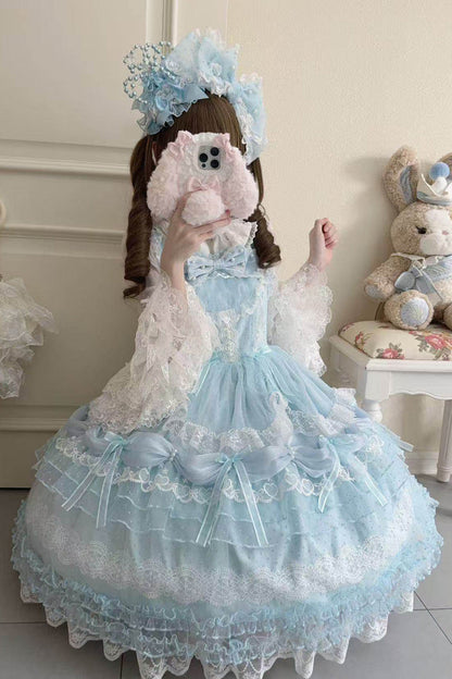 Blue [Sugar Heart Knot] Multi-Layered Ruffled Bow Lace Sweet Lolita Jsk Dress