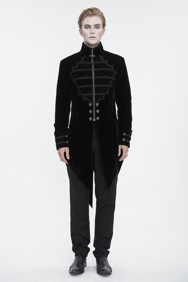 Black Stand Collar Lace Splice Swallow Tailed Men's Gothic Coat