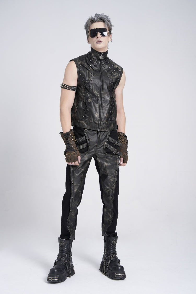 Black Stand Collar Sleeveless Strappy Stitching Zipper Men's Gothic Vest