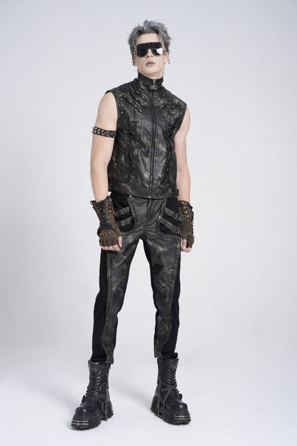 Black Stand Collar Sleeveless Strappy Stitching Zipper Men's Gothic Vest