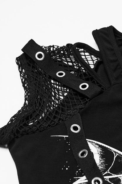 Black Short Sleeves Printed Spliced Mesh Strappy Eyelet Women's Punk T-Shirt