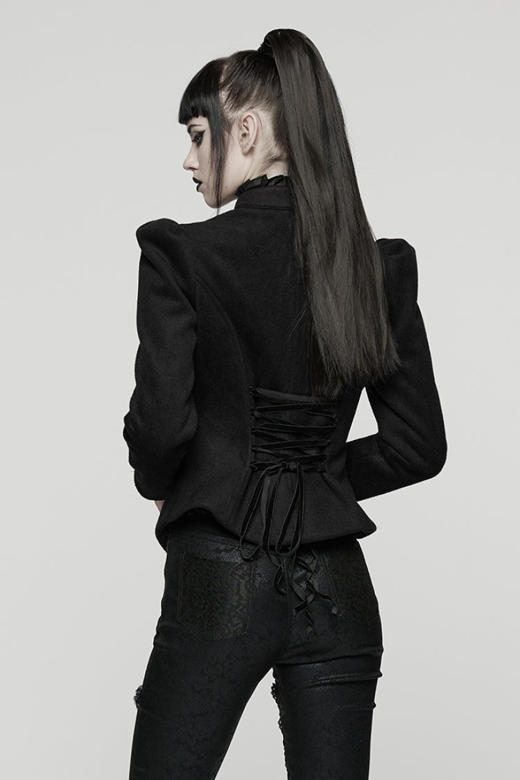 Black Stand Collar Long Sleeves Embroidered Lace-Up Zippered Women's Gothic Jacket