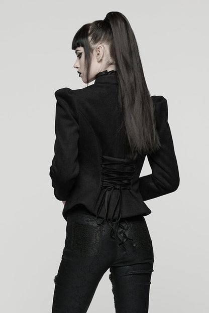 Black Stand Collar Long Sleeves Embroidered Lace-Up Zippered Women's Gothic Jacket