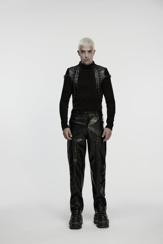 Black Zippered Eyelet Men's Punk Faux Leather Pants