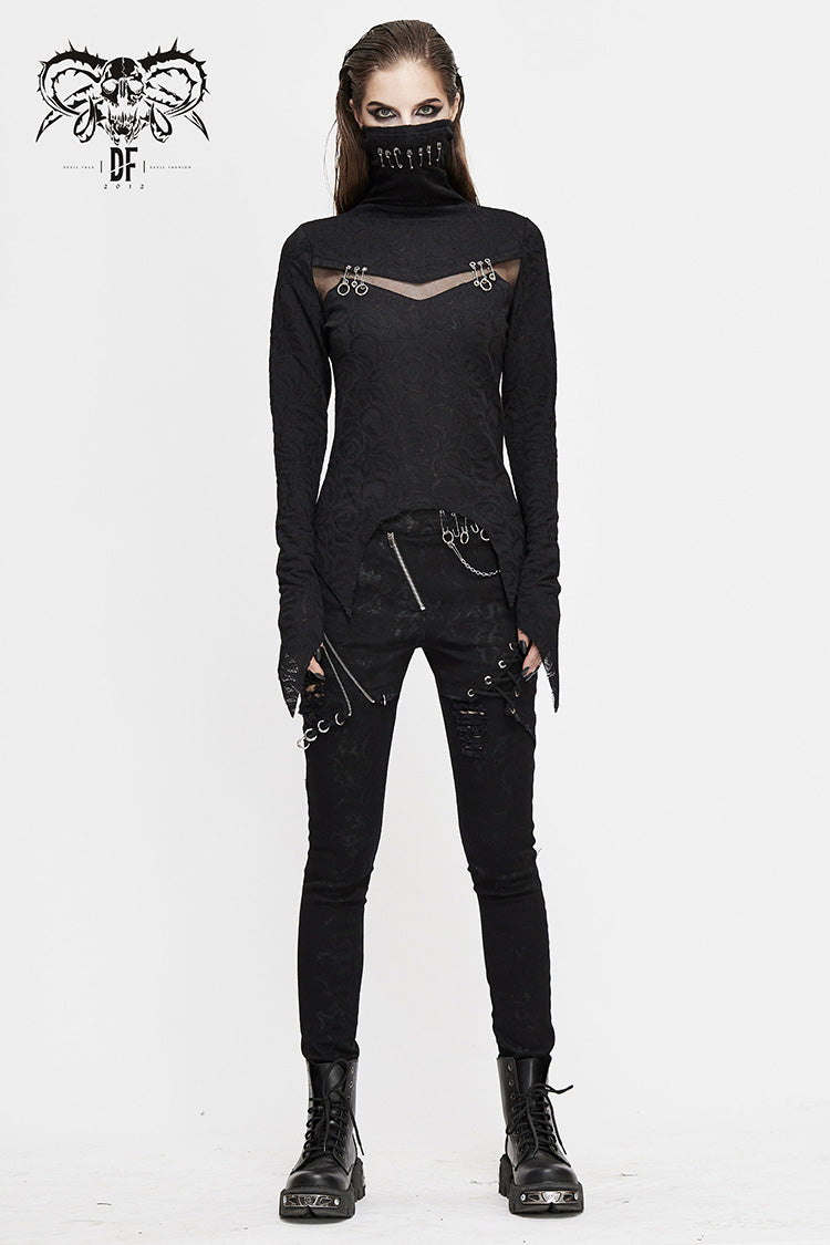Black Turtleneck Chest Splice Fine Mesh Pin Decoration Sharp Angle Hem Women's Punk Shirt