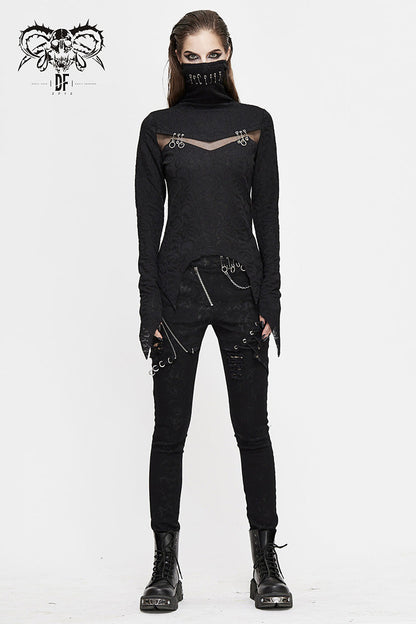 Black Turtleneck Chest Splice Fine Mesh Pin Decoration Sharp Angle Hem Women's Punk Shirt