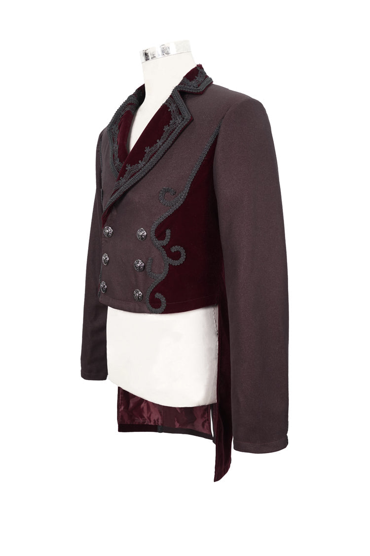 Red Front Floral Webbing Metal Retro Button Weft Velveteen Men's Gothic Tailcoat