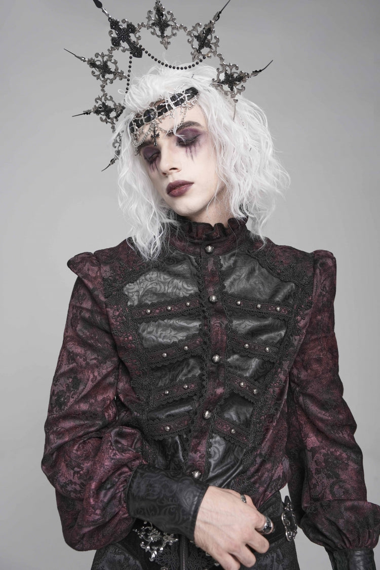 Black/Red Stand Collar Long Lantern Sleeves Floral Print Embroidery Men's Gothic Blouse