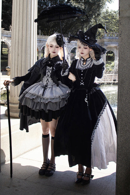 Black/Grey Witch Long Sleeves Gradient Multi-Layered Ruffle Bowknot Lace Gothic Chinese Style Lolita Dress