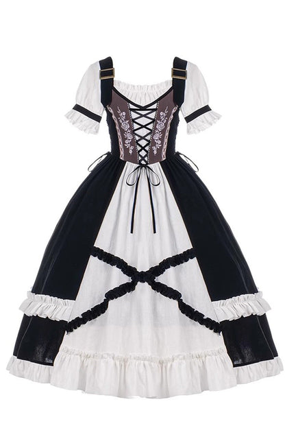 Black/White Bavarian Style Rose Embroidery Short Sleeves Sweet Lolita Dress
