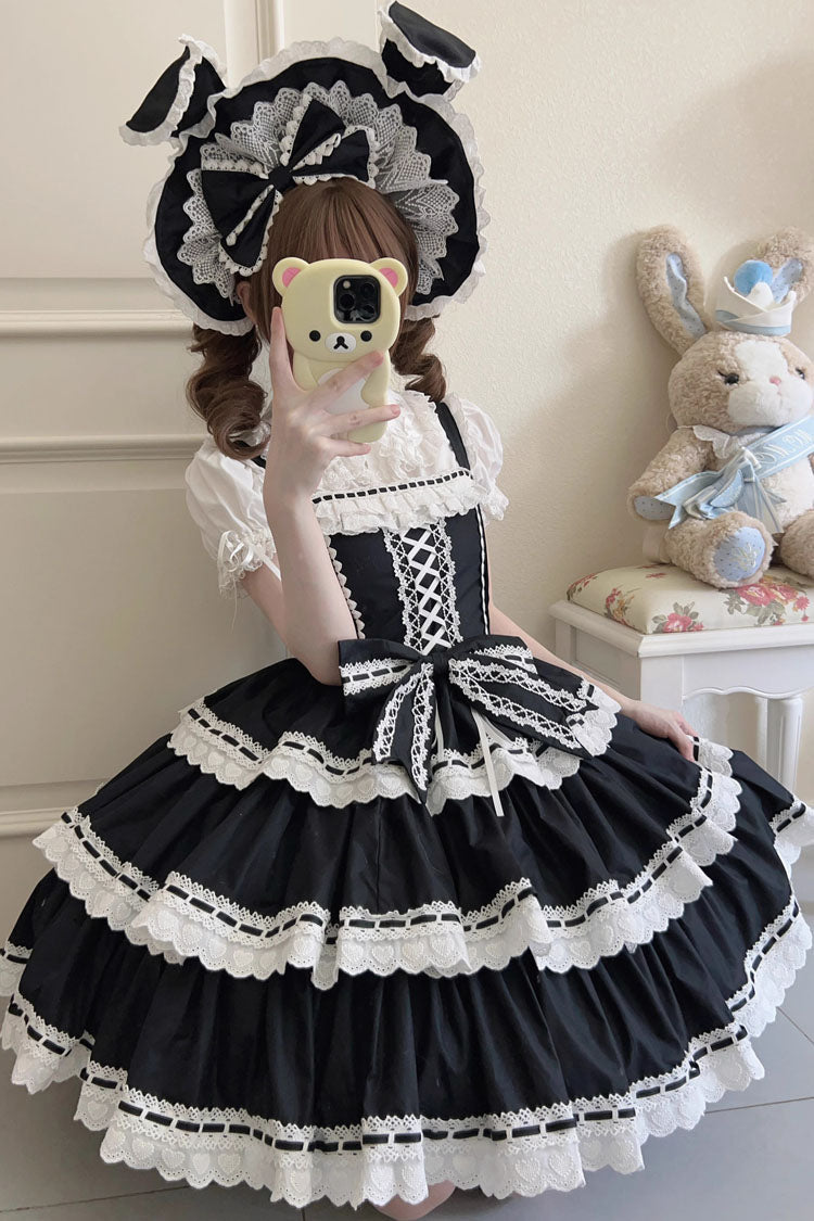 Black [Maiden Heart] Triple-Layered Ruffle Bowknot Lace Sweet Lolita Jsk Dress