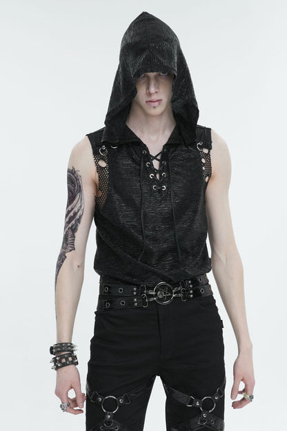 Black Strappy Mesh Splice Men's Punk Vest With Hood