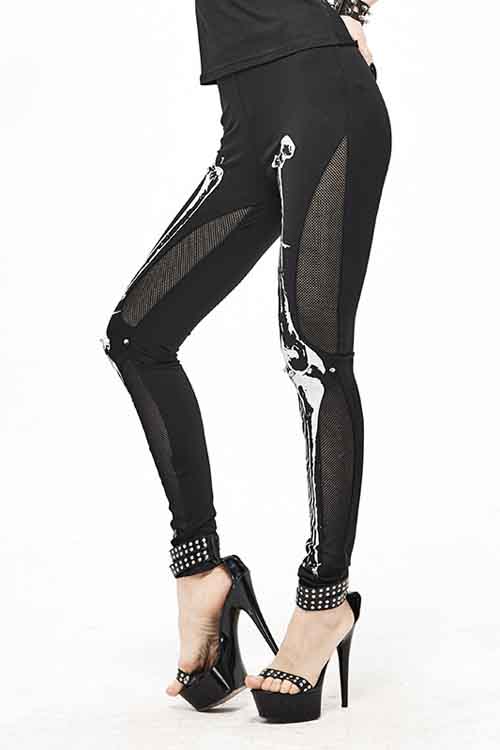 Black Punk Knit Skull Marrowbone Printed Leggings Womens Pants