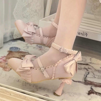 Ruffled Bow Lace Sweet Elegant Lolita Pointed Toe High Heels 4 Colors