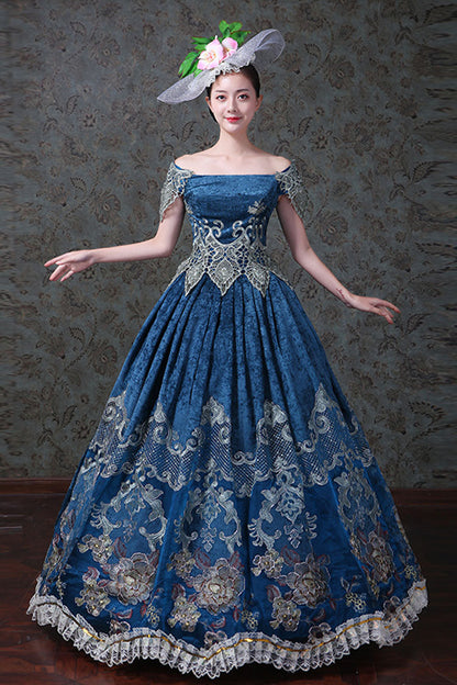 Blue Boat Neck Off-The-Shoulder High Waisted Embroidery Floral Print Victorian Lolita Prom Dress