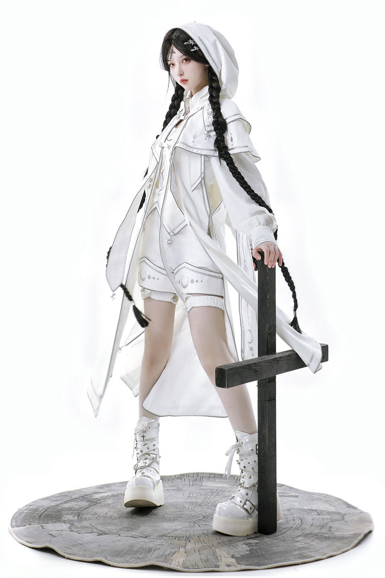 White Bionic Dimension Futuristic Mechanical Style Print Ouji Fashion Lolita Set (Including Top, Cape & Shorts)