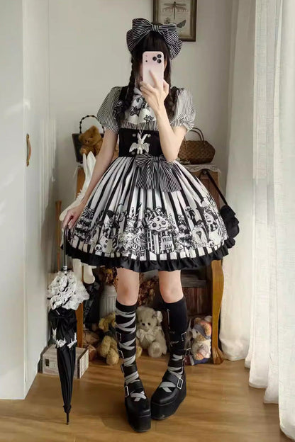 Black/White [A Weird Christmas] Sleeveless Printed Ruffled Gothic Lolita JSK Dress