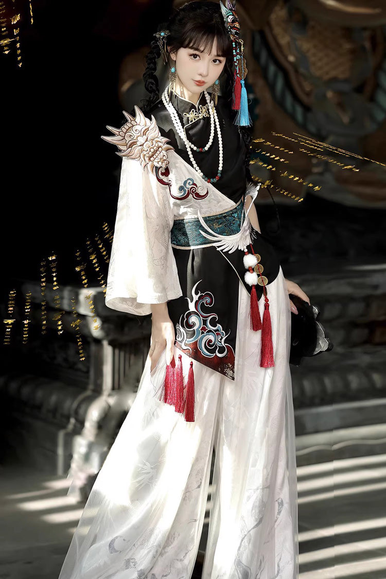 Black/White Stand Collar Single Long Sleeve Printed Embroidered Asymmetric Chinese Style Ouji Set